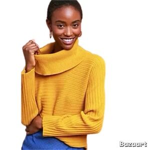 Anthropologie Moth Wide Cowl Neck Sweater Long Sleeve‎ Top Blouse Mustard Small
